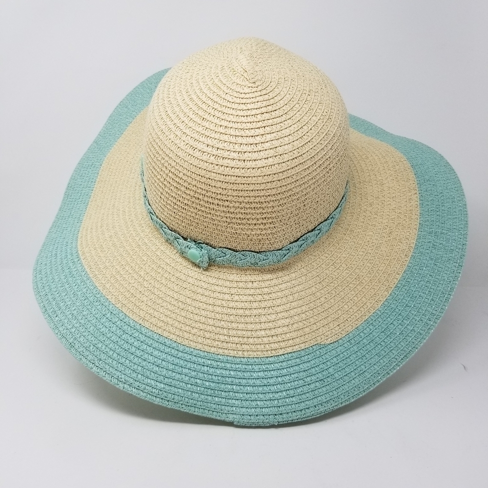 The Girlfriend Hat Wide Brim Hat Stripe Braided Hat Band Baby Blue Natural Paper - Picture 9 of 10